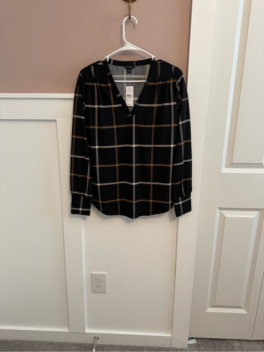 Ann Taylor Windowpane Plaid V-Neck Blouse
